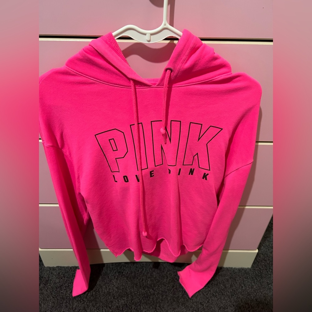 Neon pink brand PINK cropped hoodie with cutout in back